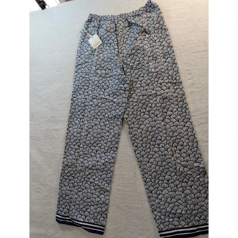 CeCe Womens Wide Leg Pants Navy White Shell Fan Print Elastic Waist XS NWT